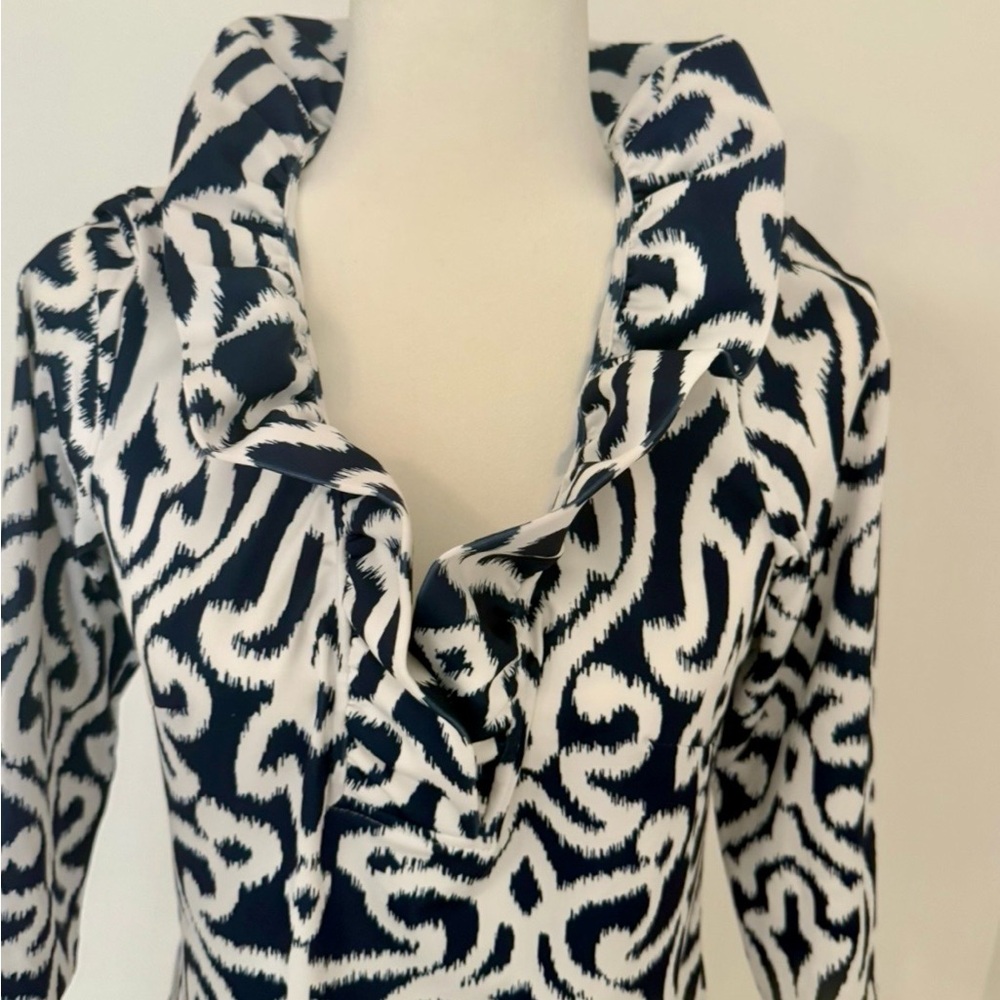Gretchen Scott Designs Navy White Ikat Ruffleneck Jersey Dress Sz Sm. 3/4 Sleeve - Picture 4 of 6